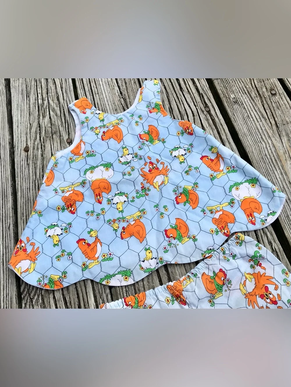 Vintage 80s Girls 2 Piece Matching Chicken Coop Outfit Swing Top Bloomers